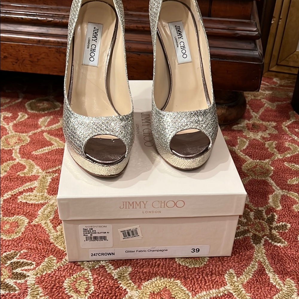 Jimmy Choo crown 247 Silver Glitter Platform Heels